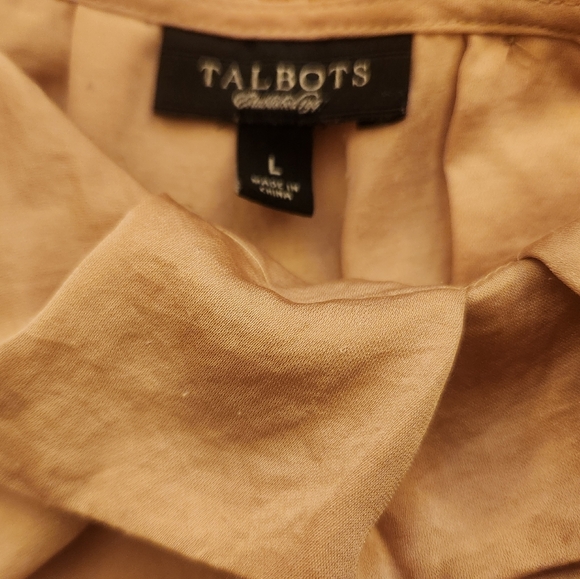 Talbots Champagne Button Down Back Satin Ruffleneck Short Sleeve Blouse Size L - Picture 2 of 10